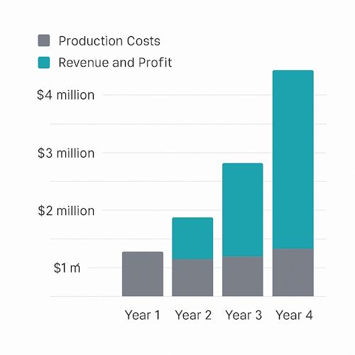 Bar chart showing production costs and revenue growth over four years