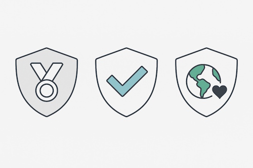 Icons representing awards, certifications, and environmental impact