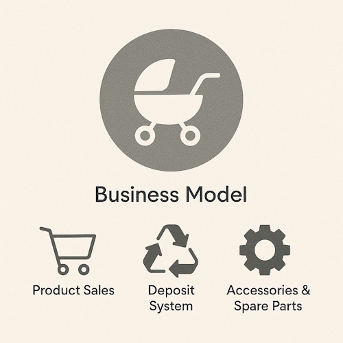 Business model showing revenue from product sales, deposit system, and accessories