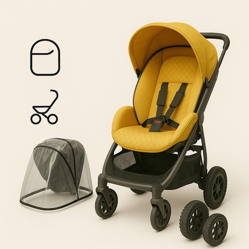Stroller with accessories including rain cover and all-terrain wheels