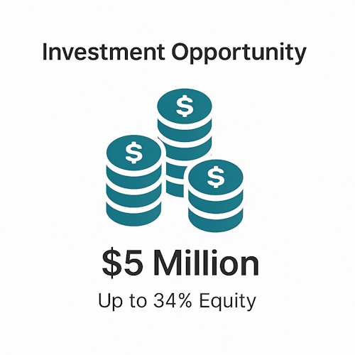 Investment opportunity graphic showing $5 million and up to 34% equity
