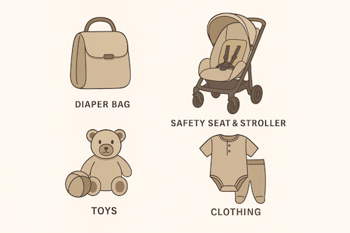 Illustrasjon av Babysafe sin produktlinje: barnesikringssete med vogn, stelleveske, leker og klær i matchende beige fargetoner.