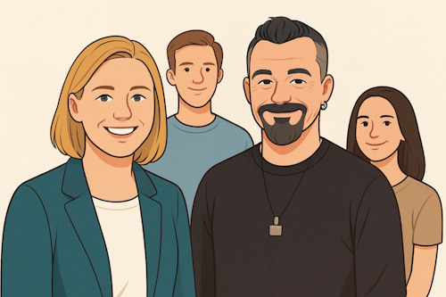 Cartoon-style group portrait with two in front and three in background