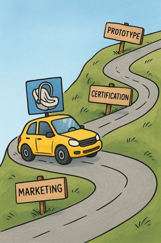 Cartoon BabySafe car driving up winding hill with milestone signs